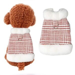 Red White Plaid Tweed Pet Harness Vest Faux Fur Trim Snap Button Dog Coat Small